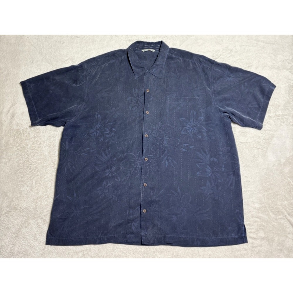 Tommy Bahama 100% Silk Shirt Mens 2XL Button Up Camp Blue Short Sleeve